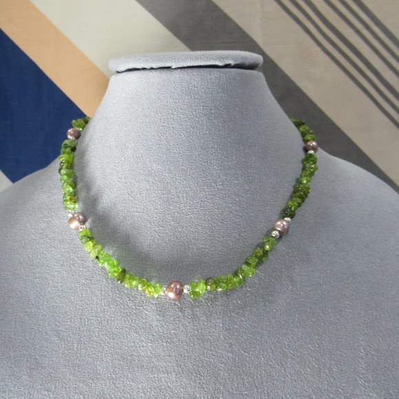 Peridot Pearl Necklace on Sterling Silver Chain, 18” Strand - Picture 3 of 6